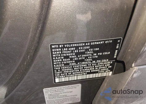 2012 Volkswagen Tiguan S from USA, damaged, VIN WVGBV7AX9CW000767